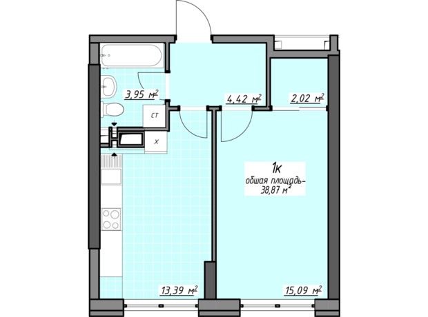 ЖК Одесские традиции на Глушко: планировка 1-комнатной квартиры 38.87 м²