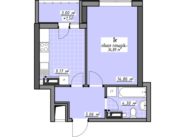 ЖК Одеські традиції на Глушко: планування 1-кімнатної квартири 34.89 м²