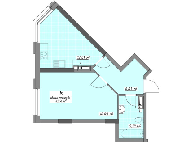 ЖК Одесские традиции на Глушко: планировка 1-комнатной квартиры 42.91 м²