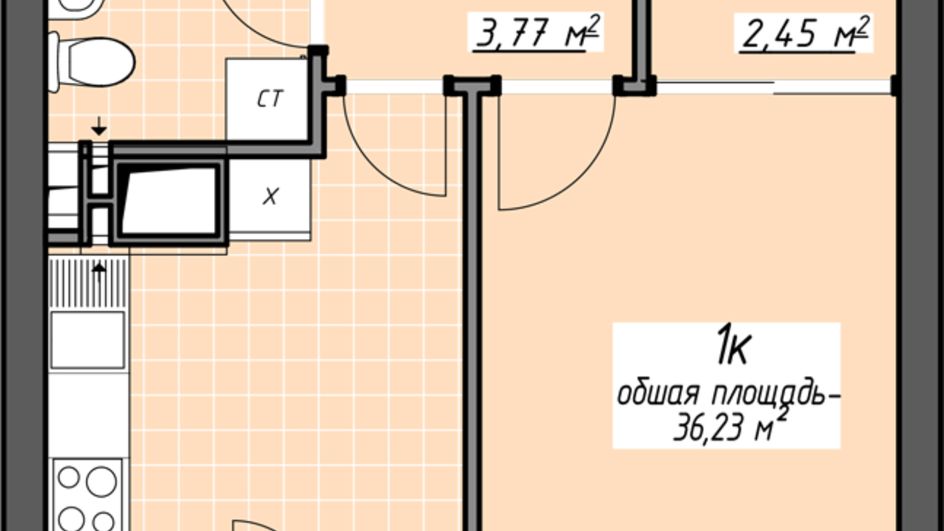 Планировка 1-комнатной квартиры в ЖК Одесские традиции на Глушко 36.23 м², фото 580940