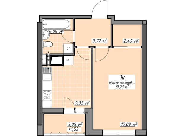 ЖК Одеські традиції на Глушко: планування 1-кімнатної квартири 36.23 м²