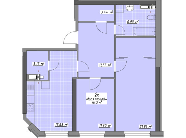 ЖК Одесские традиции на Глушко: планировка 2-комнатной квартиры 76.13 м²
