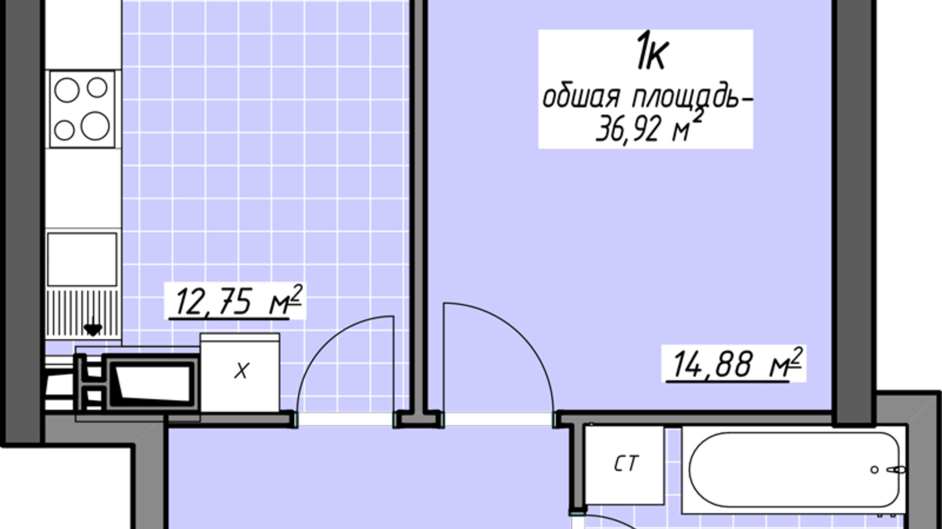 Планировка 1-комнатной квартиры в ЖК Одесские традиции на Глушко 36.92 м², фото 580942