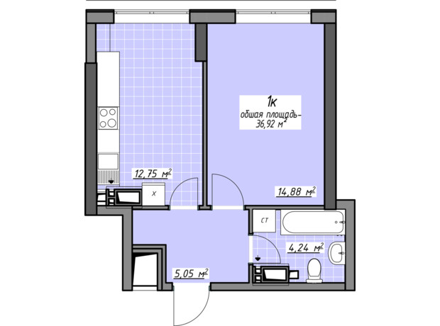 ЖК Одеські традиції на Глушко: планування 1-кімнатної квартири 36.92 м²