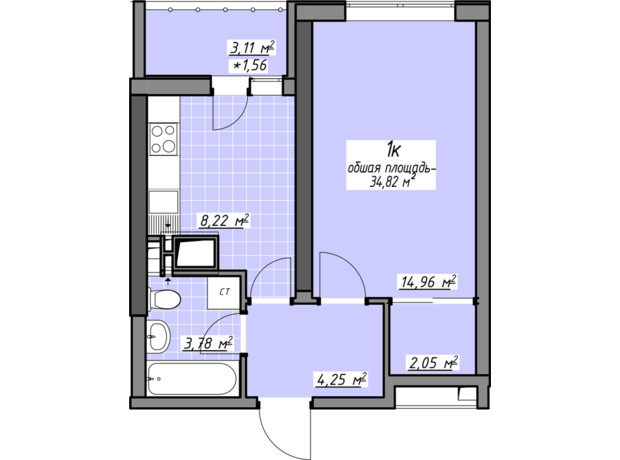 ЖК Одеські традиції на Глушко: планування 1-кімнатної квартири 34.82 м²