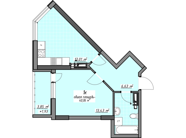 ЖК Одесские традиции на Глушко: планировка 1-комнатной квартиры 40.06 м²