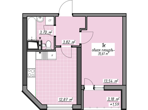 ЖК Одесские традиции на Глушко: планировка 1-комнатной квартиры 35.61 м²