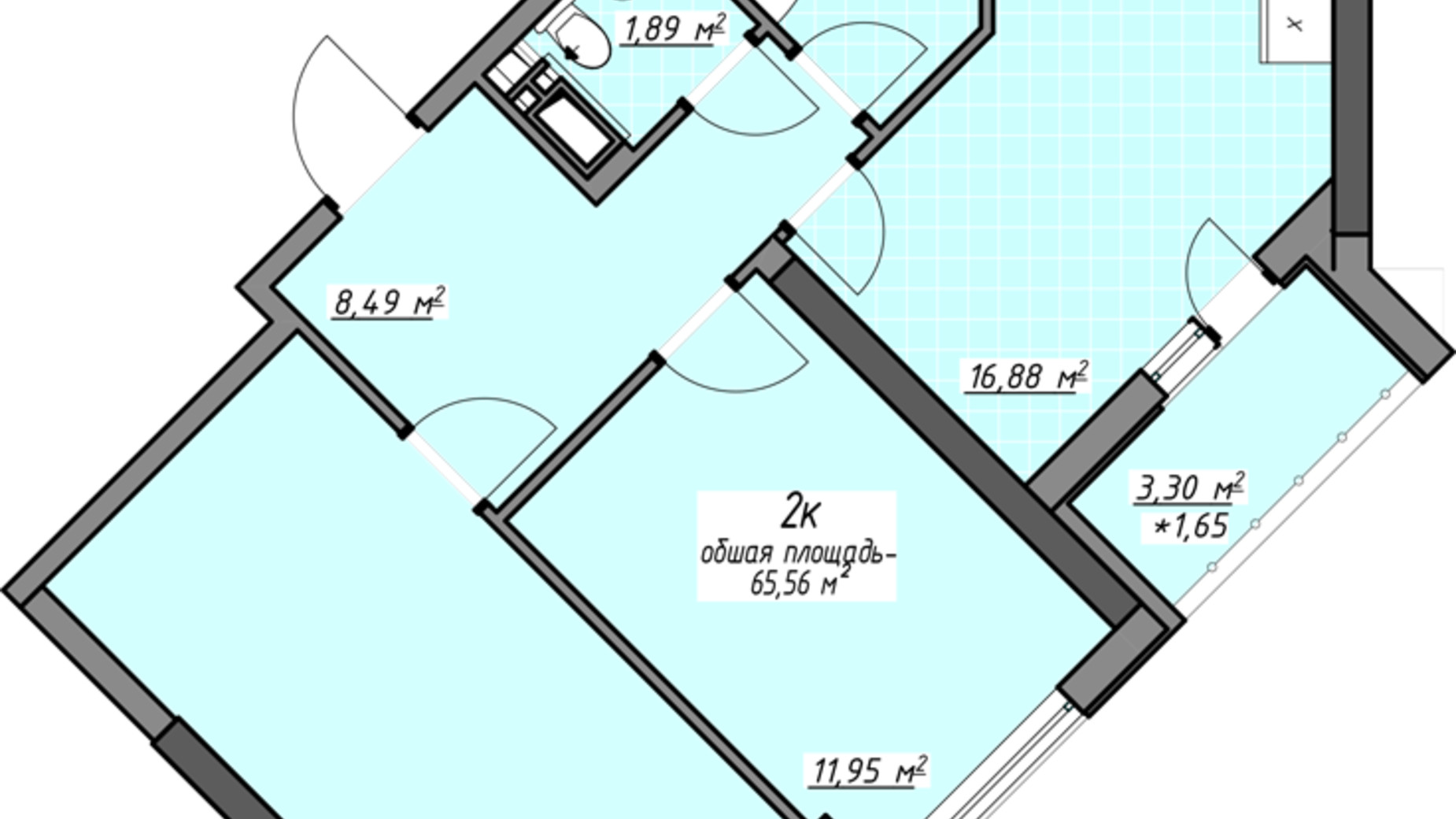 Планування 2-кімнатної квартири в ЖК Одеські традиції на Глушко 65.56 м², фото 580948