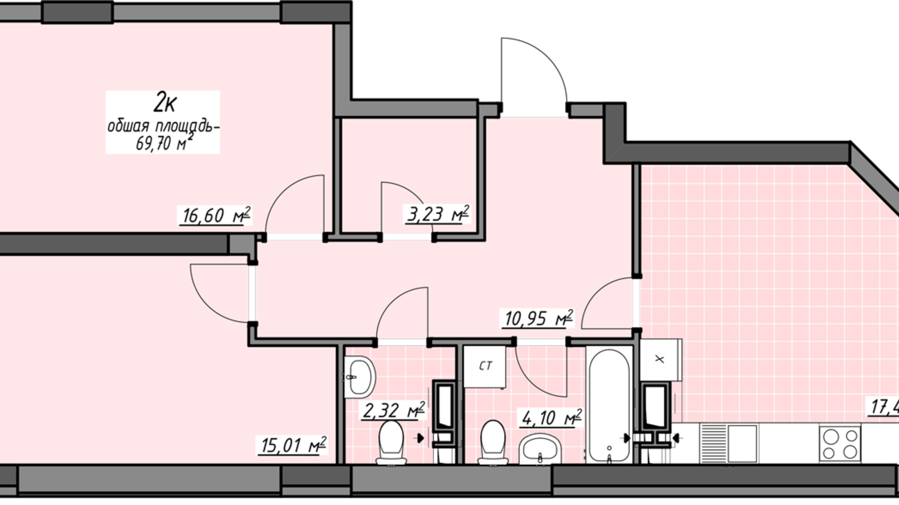 Планировка 2-комнатной квартиры в ЖК Одесские традиции на Глушко 69.7 м², фото 580949