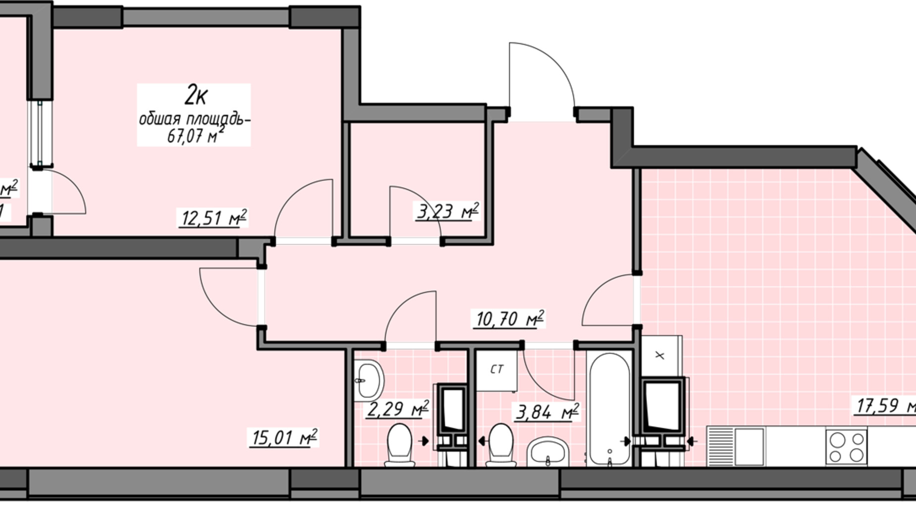 Планировка 2-комнатной квартиры в ЖК Одесские традиции на Глушко 67.07 м², фото 580951