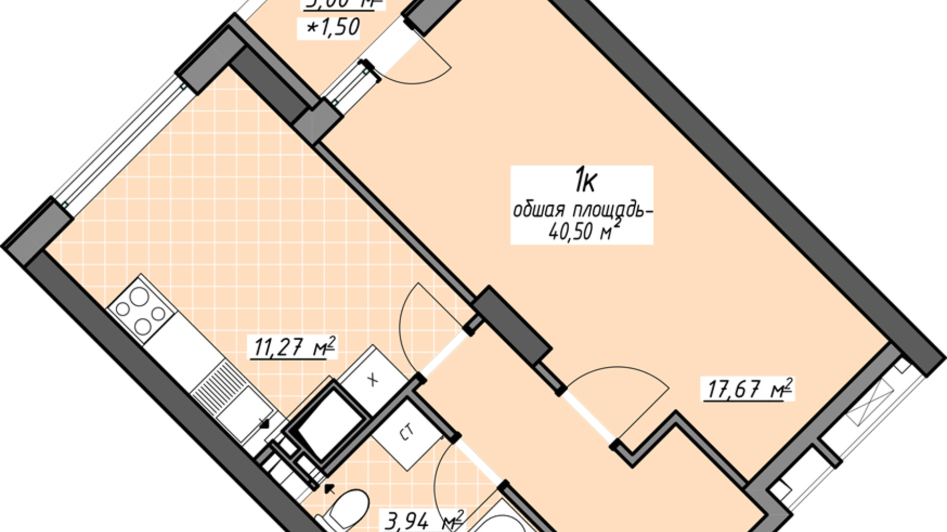 Планировка 1-комнатной квартиры в ЖК Одесские традиции на Глушко 40.5 м², фото 580953