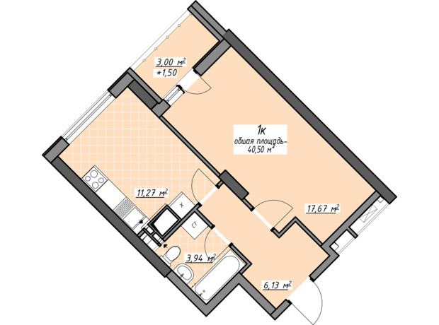 ЖК Одесские традиции на Глушко: планировка 1-комнатной квартиры 40.5 м²