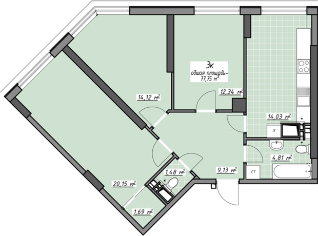 ЖК Одеські традиції на Глушко: планування 3-кімнатної квартири 77.75 м²