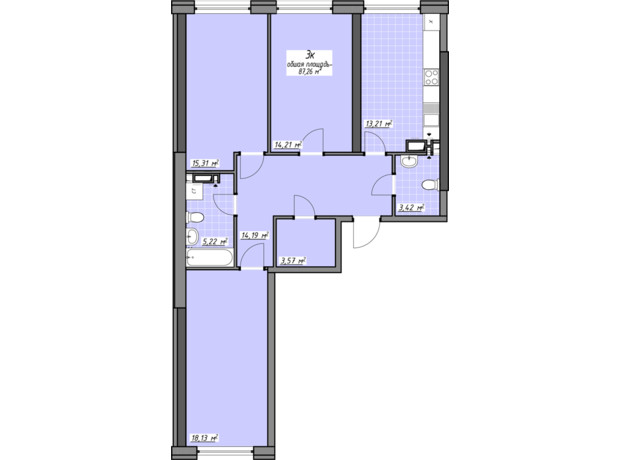 ЖК Одеські традиції на Глушко: планування 3-кімнатної квартири 87.26 м²