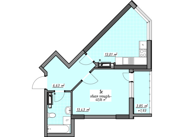ЖК Одесские традиции на Глушко: планировка 1-комнатной квартиры 40.06 м²