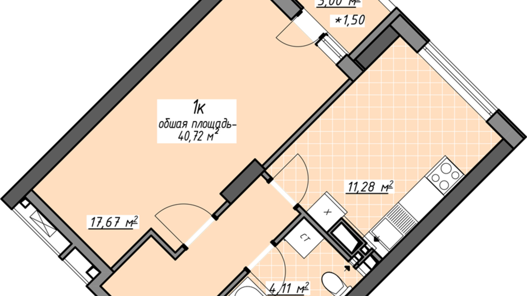 Планировка 1-комнатной квартиры в ЖК Одесские традиции на Глушко 40.5 м², фото 580958