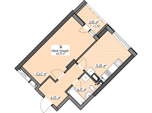 ЖК Одесские традиции на Глушко: планировка 1-комнатной квартиры 40.5 м²