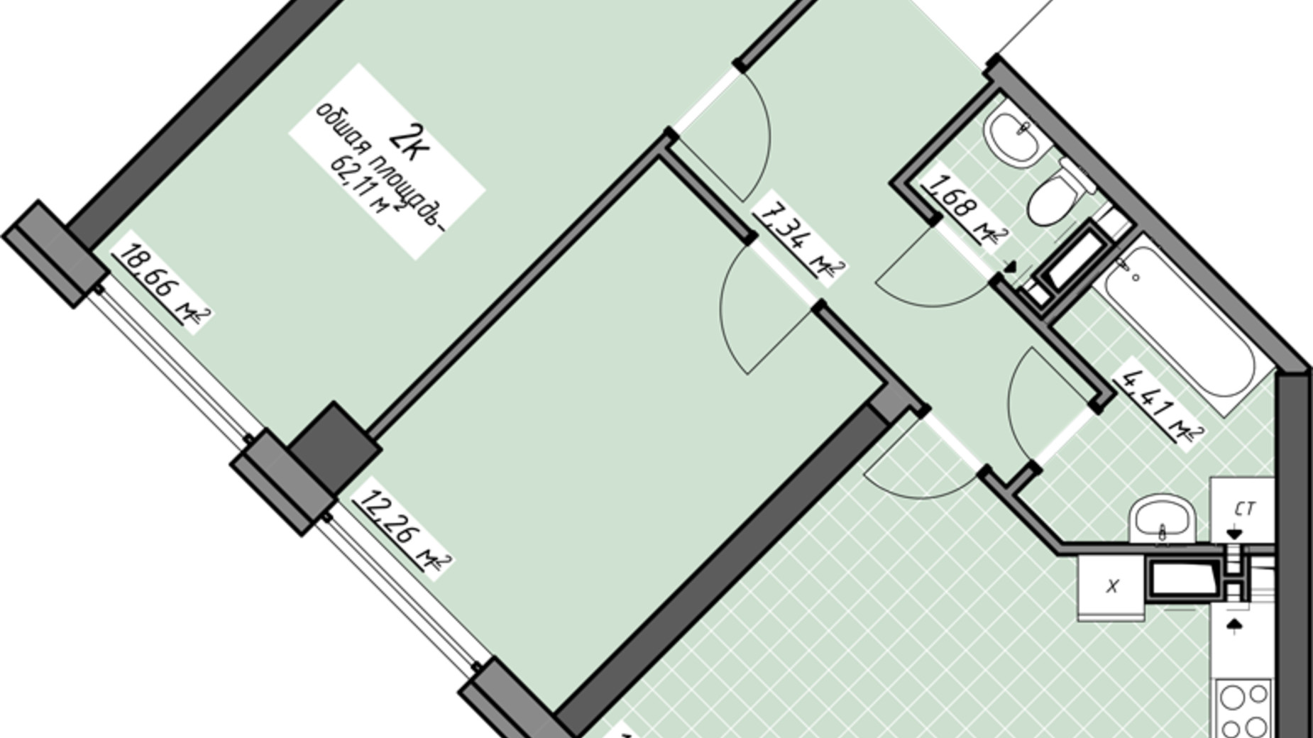 Планировка 2-комнатной квартиры в ЖК Одесские традиции на Глушко 62.11 м², фото 580959