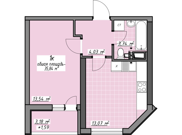 ЖК Одесские традиции на Глушко: планировка 1-комнатной квартиры 35.61 м²