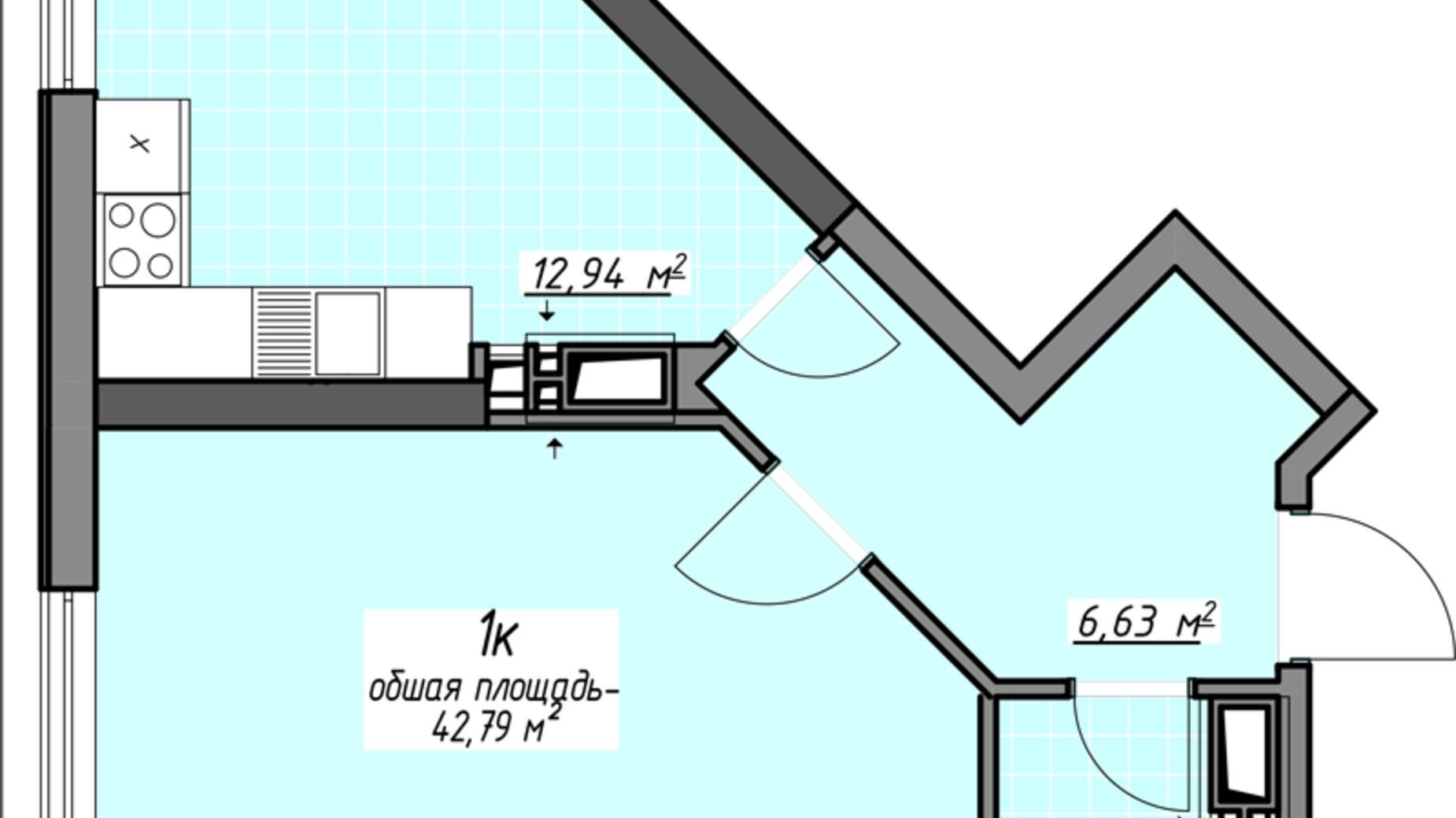 Планировка 1-комнатной квартиры в ЖК Одесские традиции на Глушко 42.79 м², фото 580961