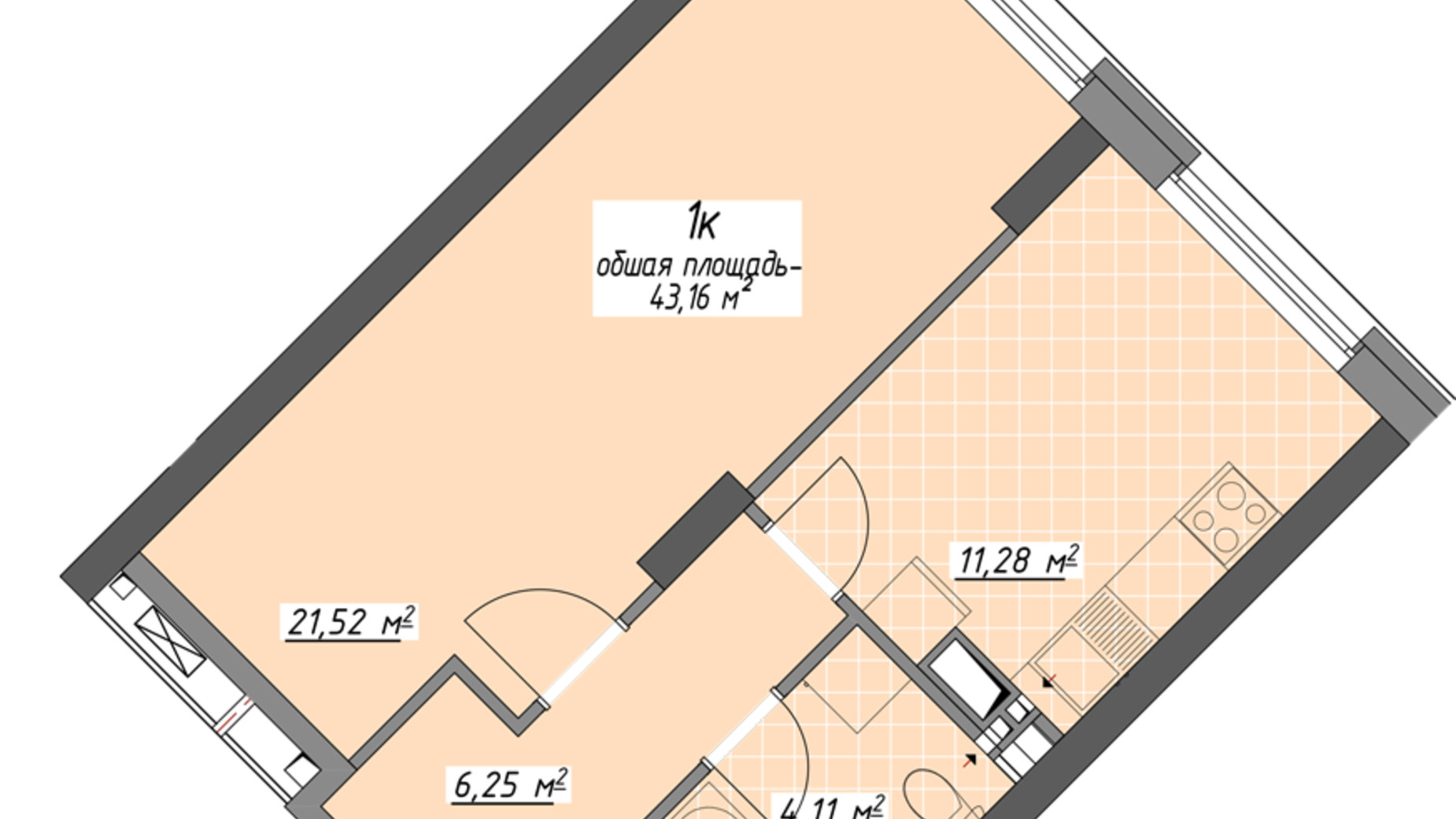 Планировка 1-комнатной квартиры в ЖК Одесские традиции на Глушко 43.16 м², фото 580962