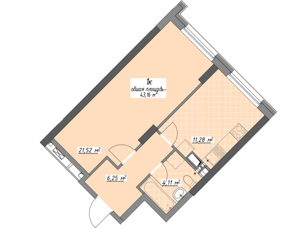 ЖК Одесские традиции на Глушко: планировка 1-комнатной квартиры 43.16 м²