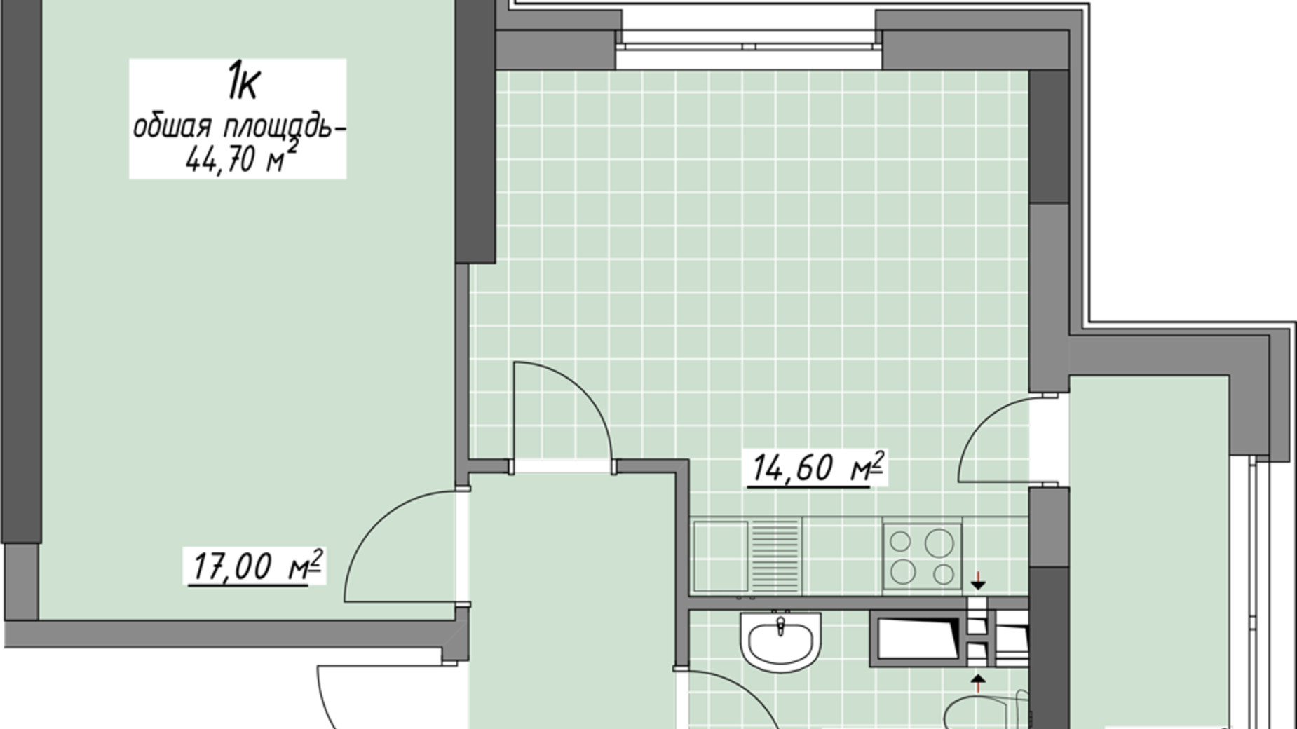 Планировка 1-комнатной квартиры в ЖК Одесские традиции на Глушко 44.7 м², фото 580965