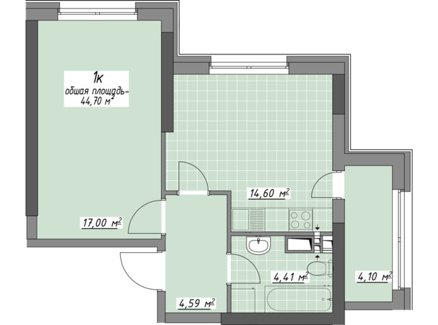 ЖК Одесские традиции на Глушко: планировка 1-комнатной квартиры 44.7 м²