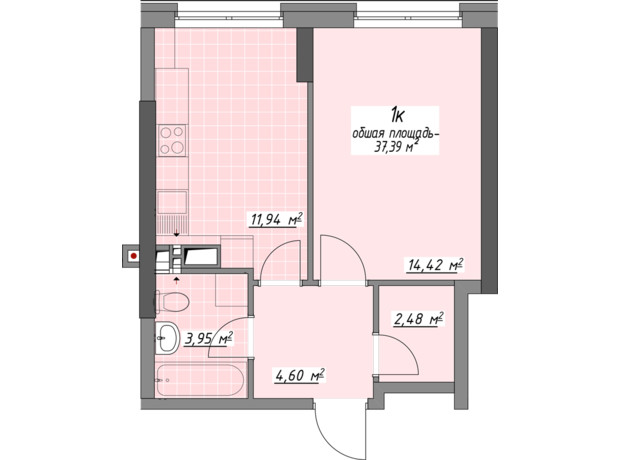 ЖК Одесские традиции на Глушко: планировка 1-комнатной квартиры 37.39 м²