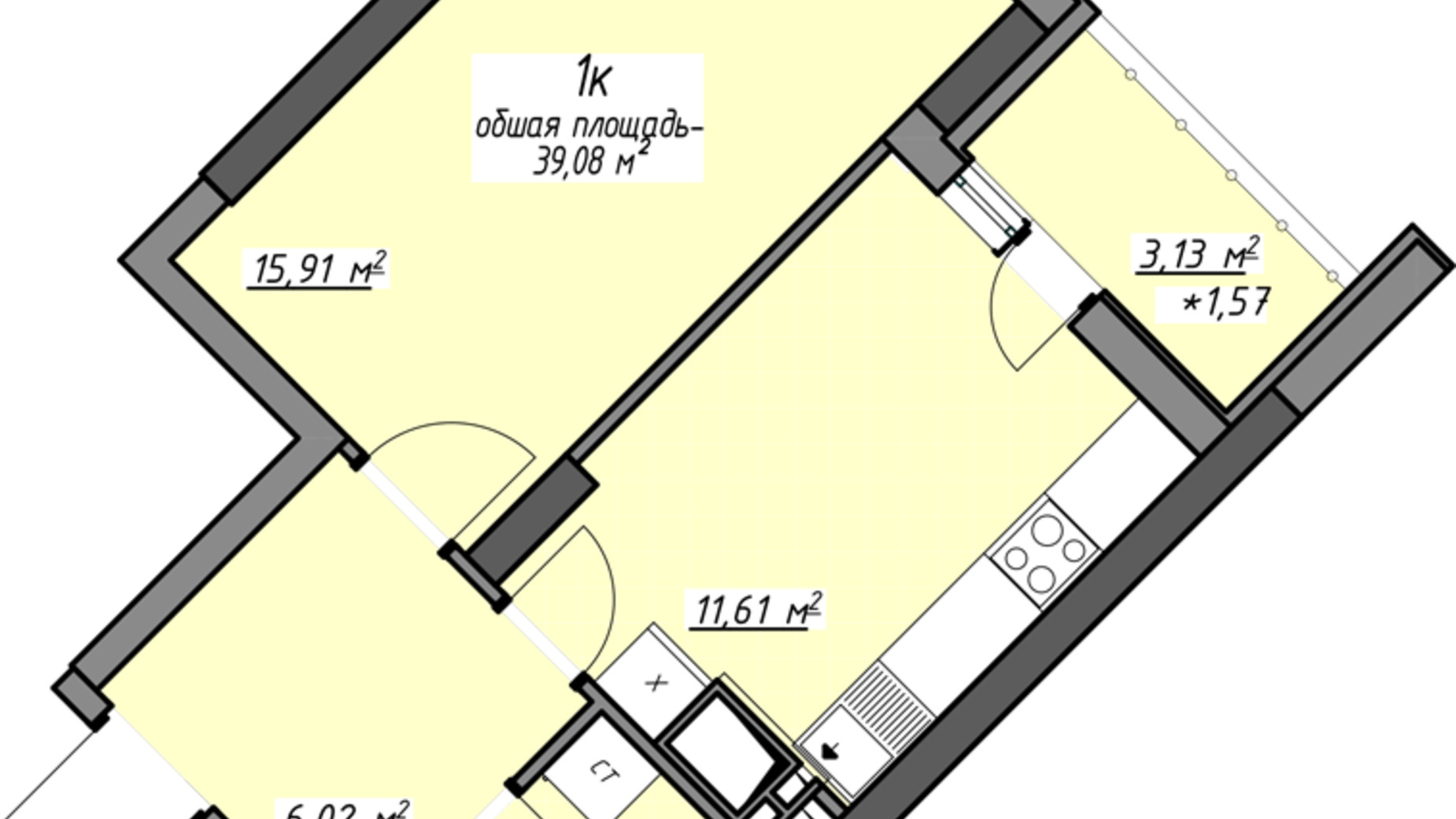 Планировка 1-комнатной квартиры в ЖК Одесские традиции на Глушко 39.08 м², фото 580967