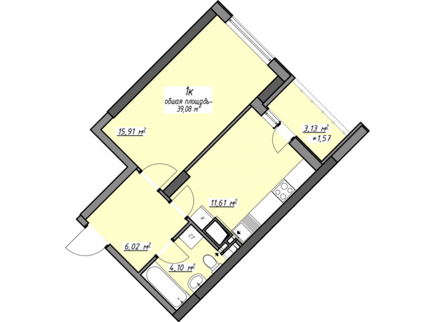 ЖК Одесские традиции на Глушко: планировка 1-комнатной квартиры 39.08 м²