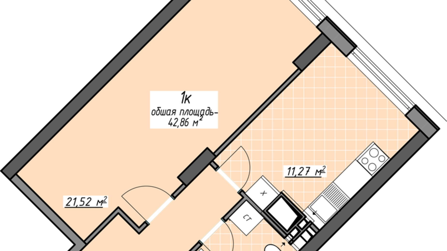 Планировка 1-комнатной квартиры в ЖК Одесские традиции на Глушко 42.86 м², фото 580969