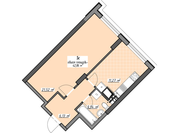 ЖК Одесские традиции на Глушко: планировка 1-комнатной квартиры 42.86 м²