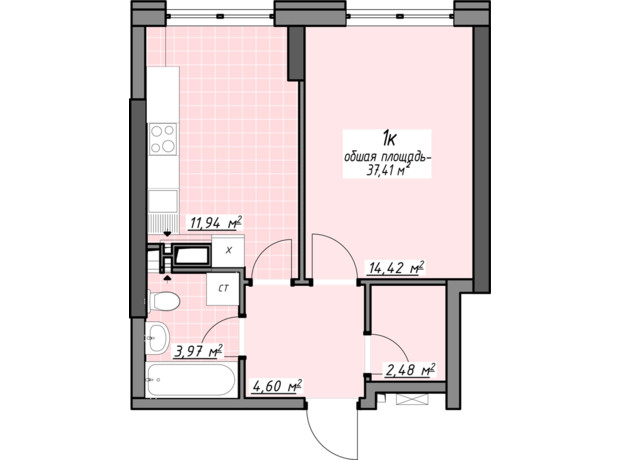 ЖК Одесские традиции на Глушко: планировка 1-комнатной квартиры 37.41 м²