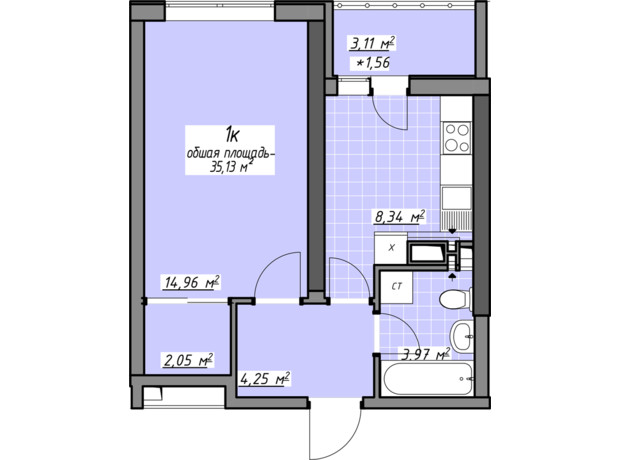 ЖК Одесские традиции на Глушко: планировка 1-комнатной квартиры 35.13 м²