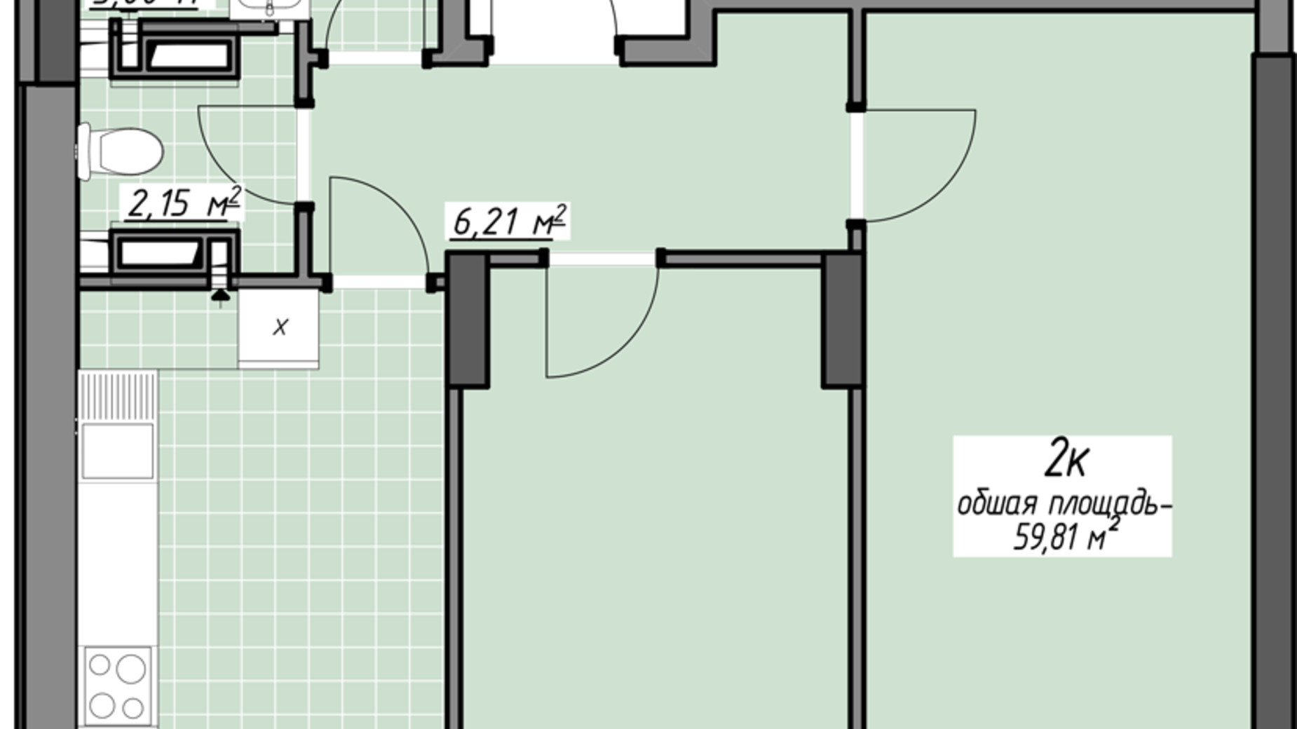 Планировка 2-комнатной квартиры в ЖК Одесские традиции на Глушко 59.81 м², фото 580973
