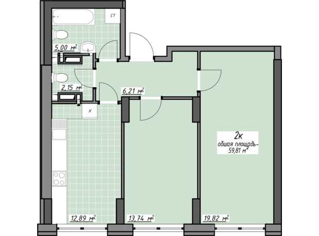 ЖК Одеські традиції на Глушко: планування 2-кімнатної квартири 59.81 м²