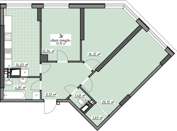 ЖК Одеські традиції на Глушко: планування 3-кімнатної квартири 77.75 м²