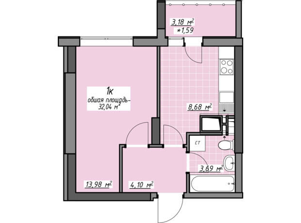 ЖК Одесские традиции на Глушко: планировка 1-комнатной квартиры 32.04 м²