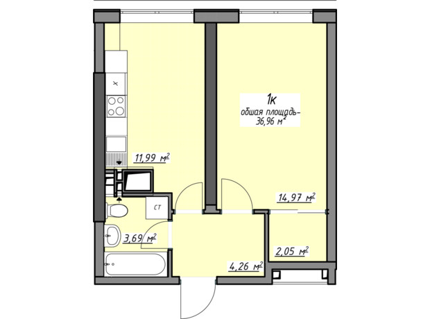 ЖК Одесские традиции на Глушко: планировка 1-комнатной квартиры 36.96 м²