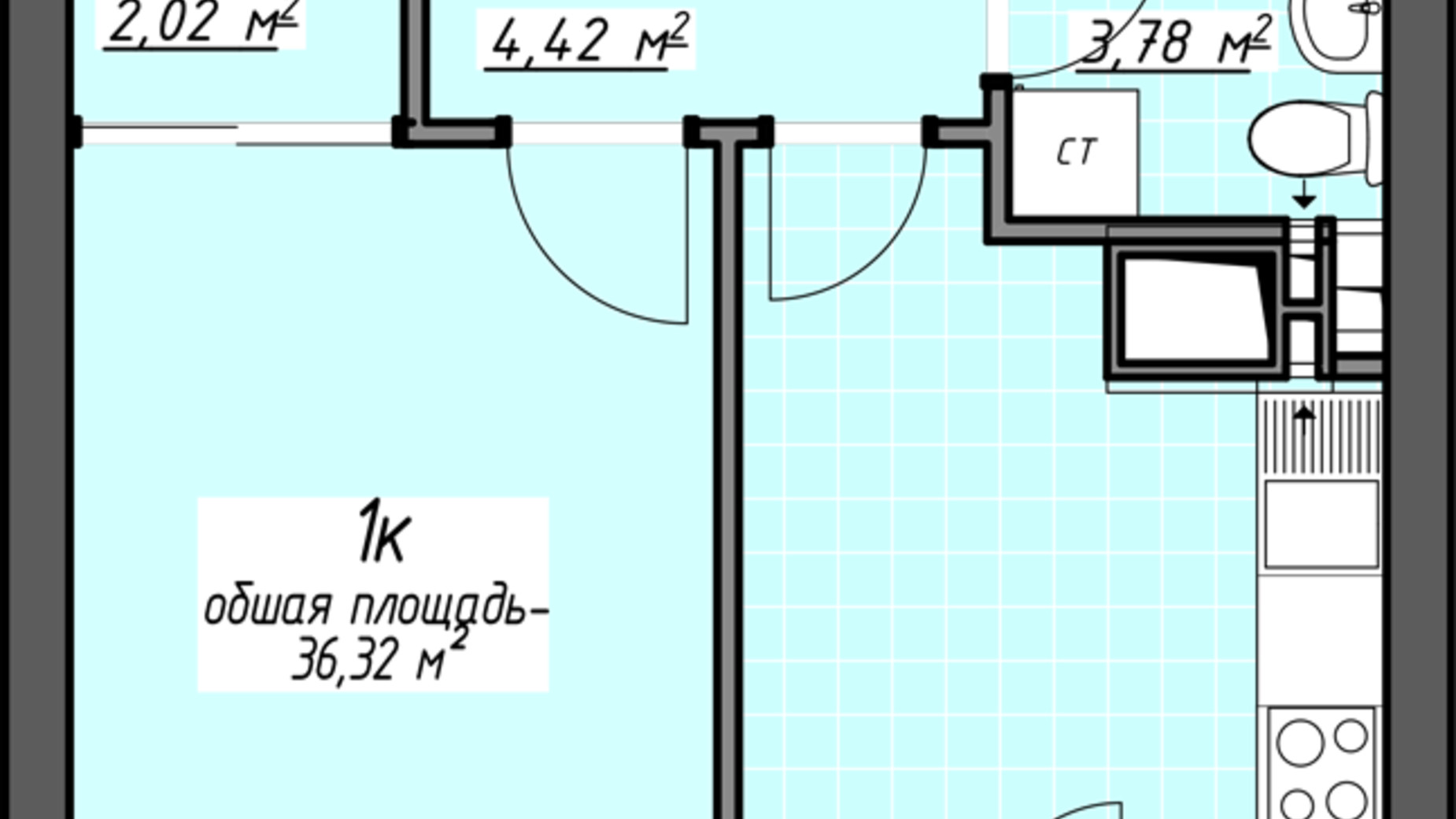 Планировка 1-комнатной квартиры в ЖК Одесские традиции на Глушко 36.32 м², фото 580977