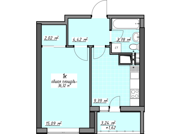 ЖК Одесские традиции на Глушко: планировка 1-комнатной квартиры 36.32 м²