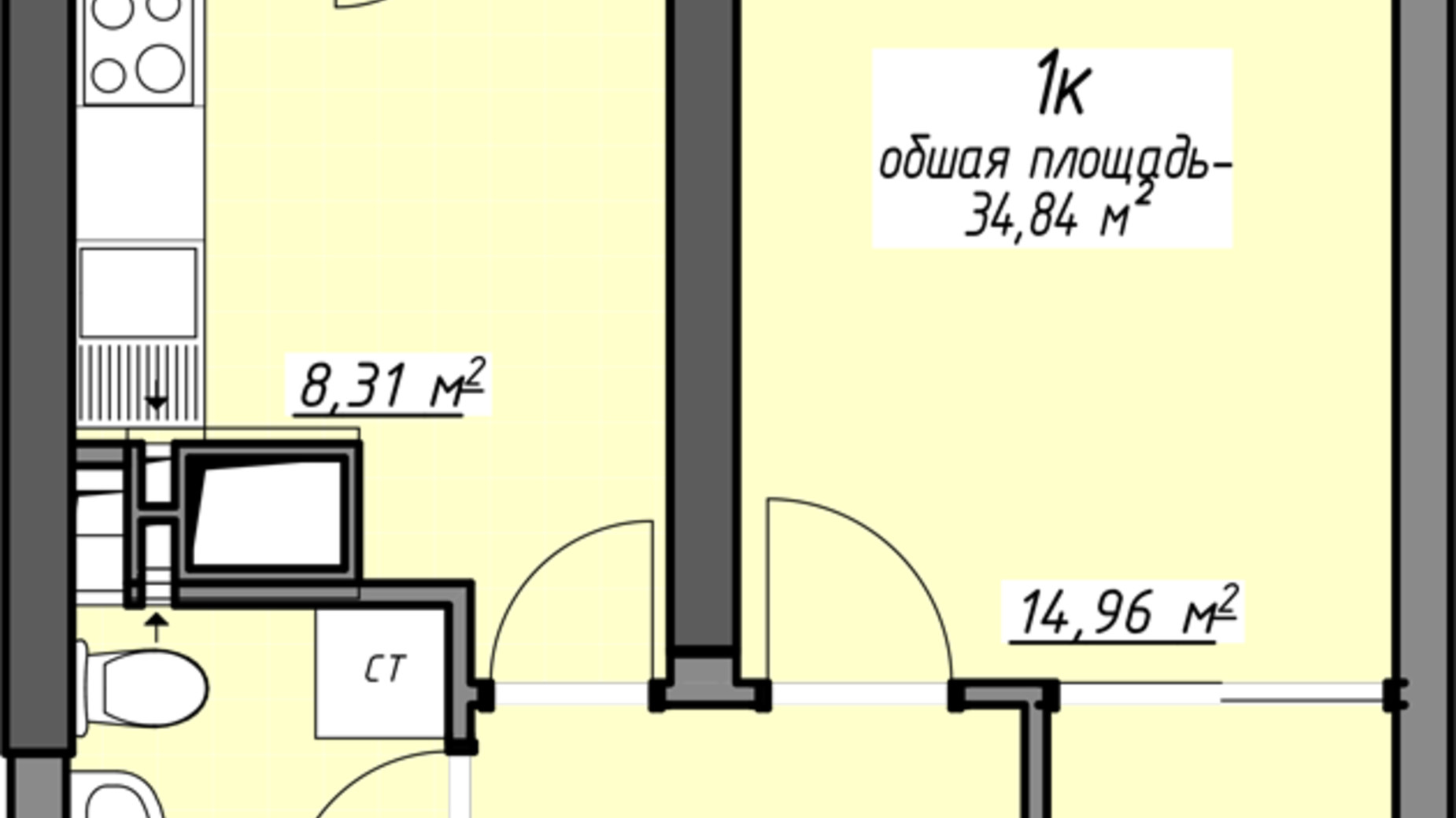 Планировка 1-комнатной квартиры в ЖК Одесские традиции на Глушко 34.84 м², фото 580978