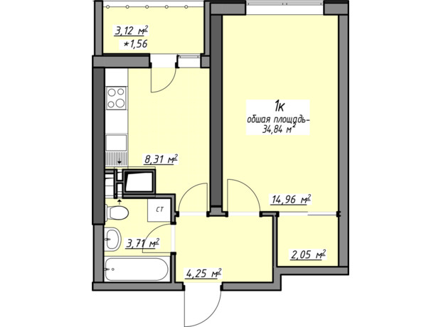 ЖК Одеські традиції на Глушко: планування 1-кімнатної квартири 34.84 м²