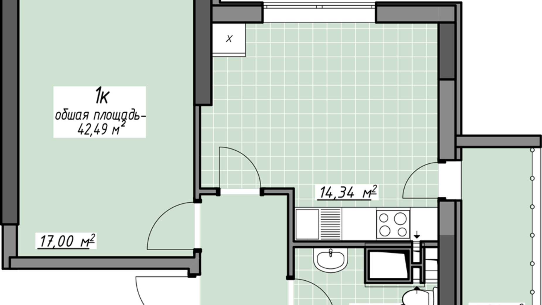 Планировка 1-комнатной квартиры в ЖК Одесские традиции на Глушко 42.49 м², фото 580980