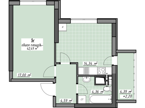 ЖК Одесские традиции на Глушко: планировка 1-комнатной квартиры 42.49 м²