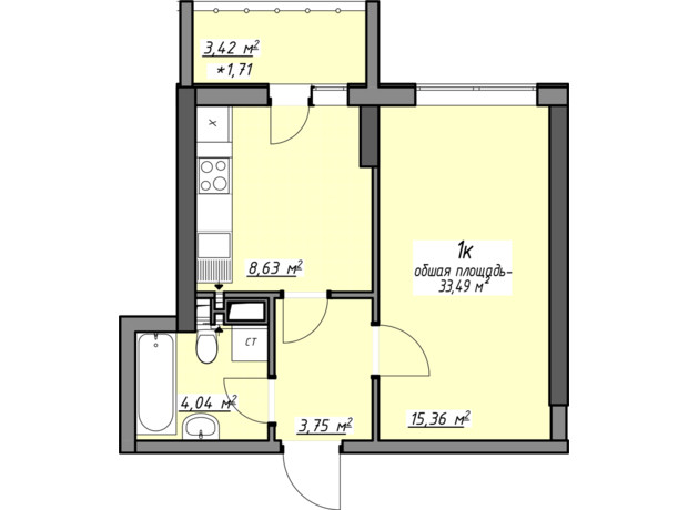 ЖК Одеські традиції на Глушко: планування 1-кімнатної квартири 33.18 м²