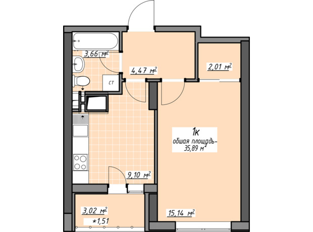 ЖК Одесские традиции на Глушко: планировка 1-комнатной квартиры 35.89 м²