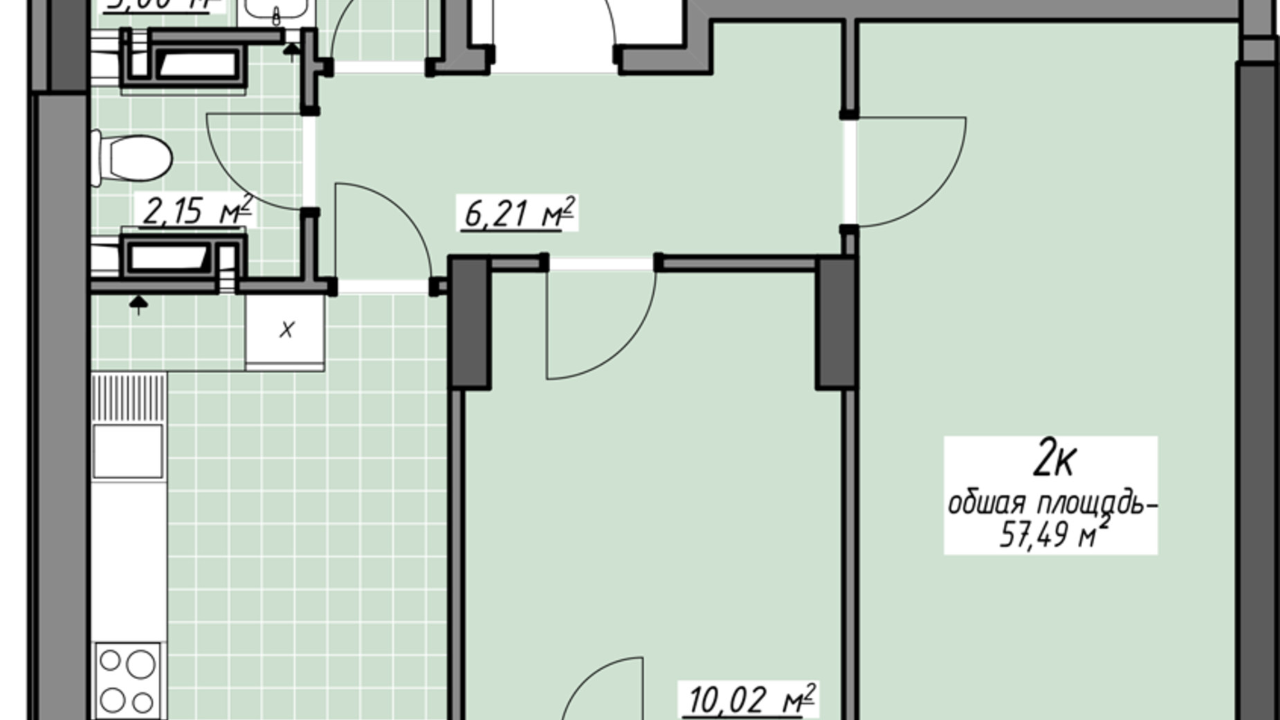 Планировка 2-комнатной квартиры в ЖК Одесские традиции на Глушко 57.23 м², фото 580984
