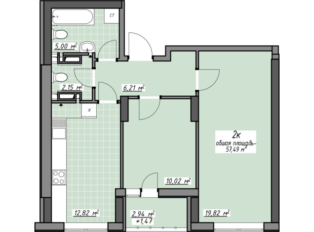 ЖК Одеські традиції на Глушко: планування 2-кімнатної квартири 57.23 м²